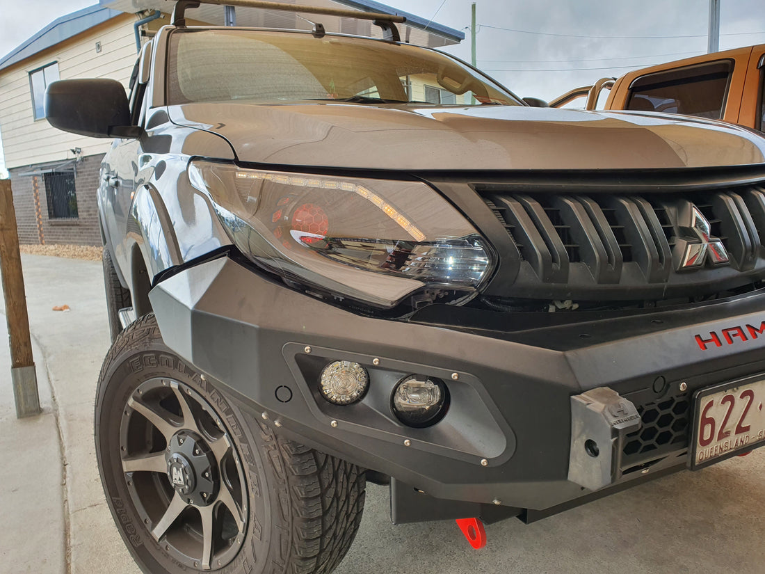 Mitsubishi Triton MQ 2015-2018 Headlights fitted with Turbine Bi Projectors, Switchback LED DRL, White/Amber Halo Rings, Multicolored Demon Eyes, Honeycomb Etching, & Blacking out - Dan's Custom Car Lights