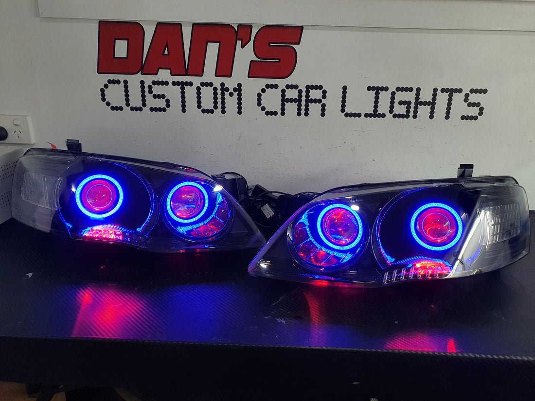 Ford Falcon BF MK2 with Quad Projectors, Quad Multicolored Halo Rings and  Multicolored Demon Eyes - Dan's Custom Car Lights