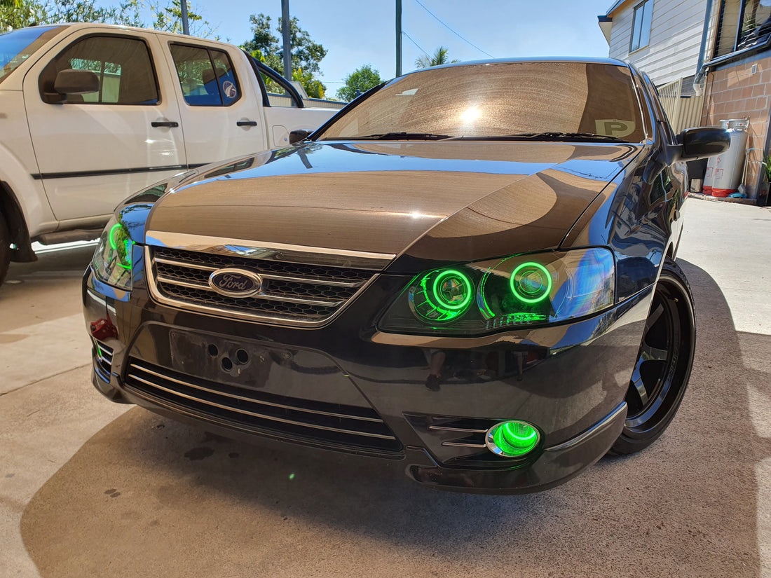 Ford Falcon BF MK2 with Quad Projectors, Quad Multicolored Halo Rings and  Multicolored Demon Eyes - Dan's Custom Car Lights