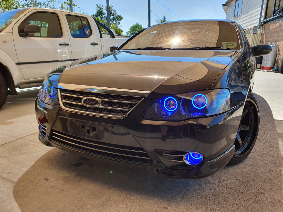 Ford Falcon BF MK2 with Quad Projectors, Quad Multicolored Halo Rings and  Multicolored Demon Eyes - Dan's Custom Car Lights