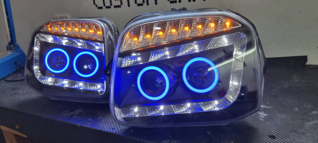 Suzuki Jimny SN 99-18 DRL Projector Headlights with Multicoloured Quad Halo rings Option to add Projector Lens Etching - Dan's Custom Car Lights