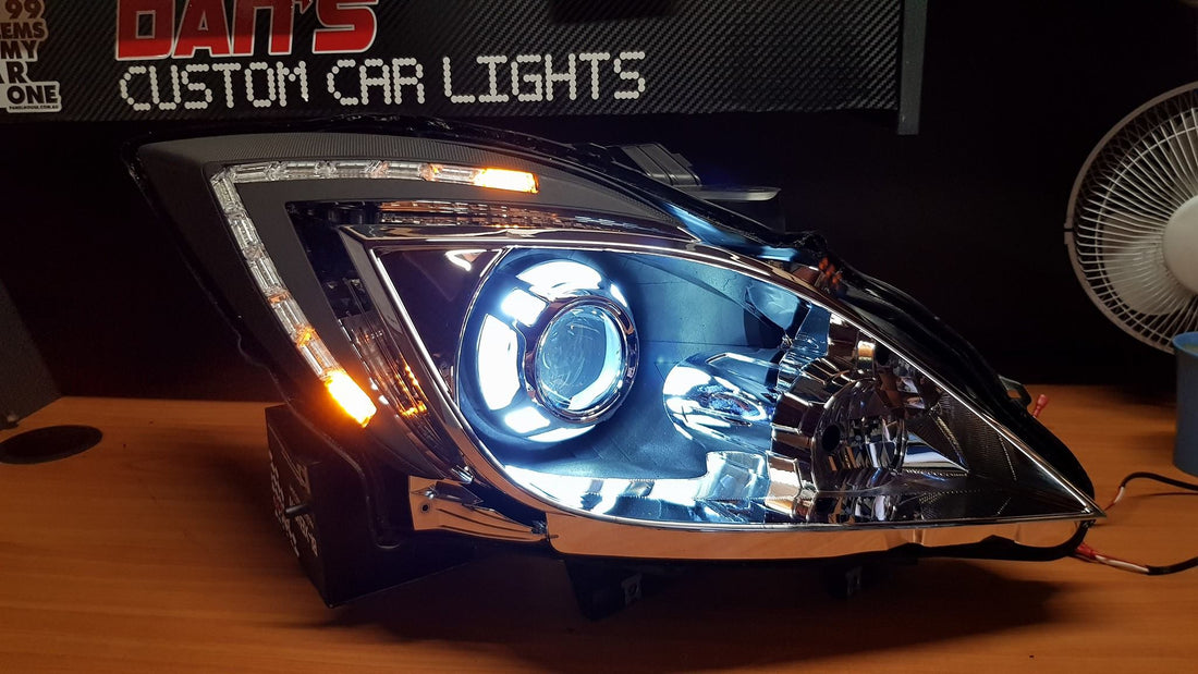 Mazda BT50 Headlights with 3" Projectors, Panamera Shrouds and DRL - Dan's Custom Car Lights