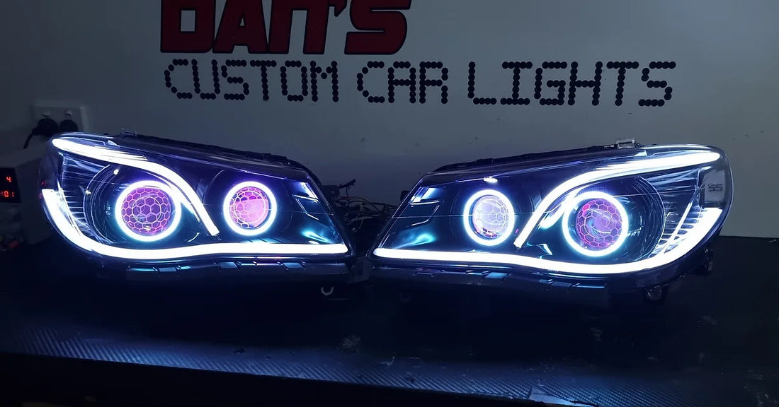 Holden VF Commodore Headlights with Multicoloured Halos rings, Projectors, Demon Eyes & SS Vinyl Sticker - Dan's Custom Car Lights