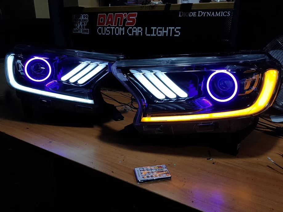 Ford Ranger PX2/PX3/Wildtrak Mustang Style Projector Headlights w/ RGB Halos - Dan's Custom Car Lights
