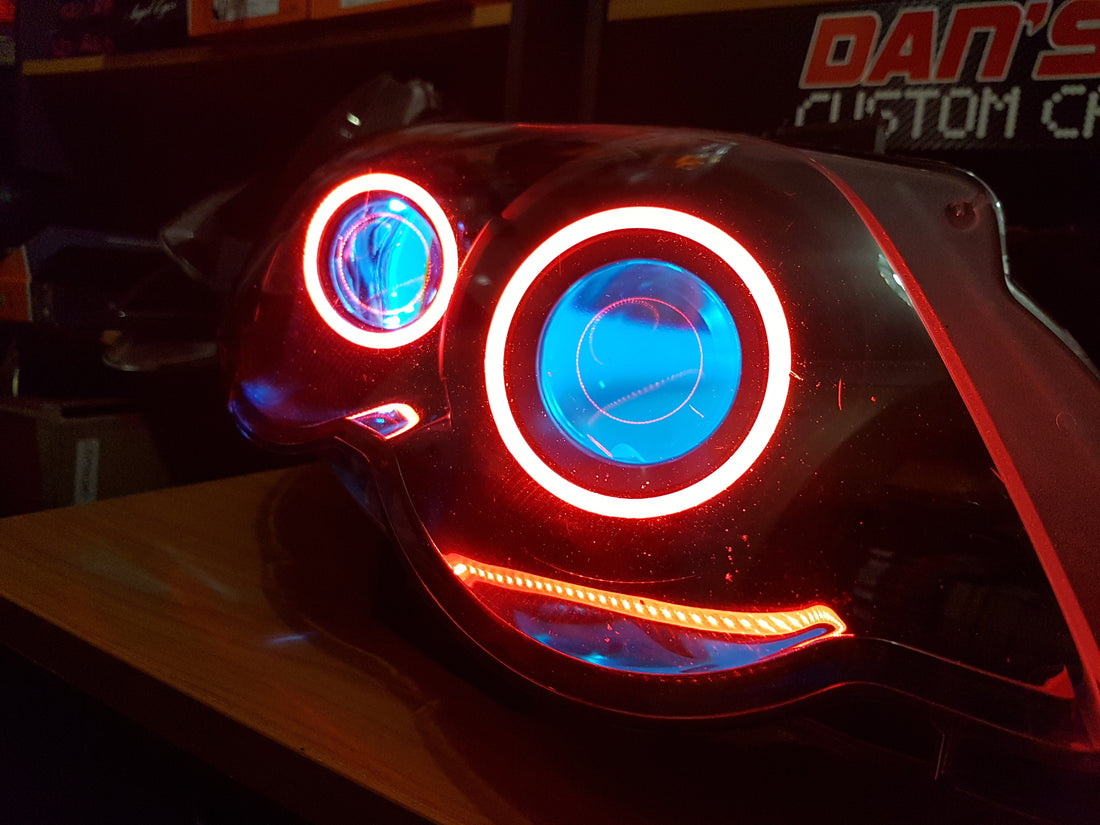 Ford Falcon FG XR6/XR8 MK1/MK2 Headlights with Quad Projectors, Quad RGB Multicolored Halos & Quad RGB Multicolored Demon Eyes - Dan's Custom Car Lights