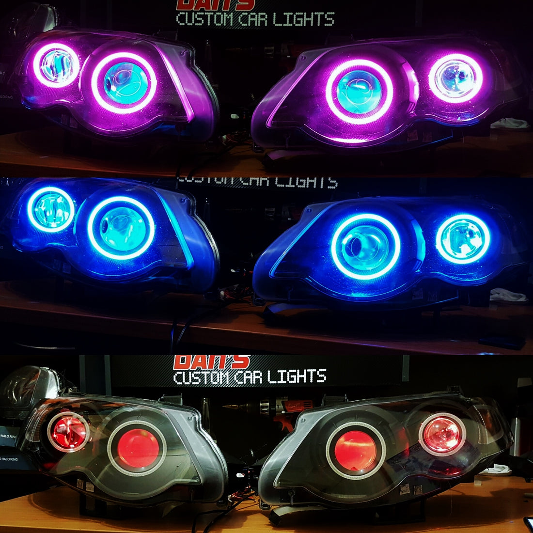 Ford Falcon FG XR6/XR8 MK1/MK2 Headlights with Quad Projectors, Quad RGB Multicolored Halos & Quad RGB Multicolored Demon Eyes - Dan's Custom Car Lights