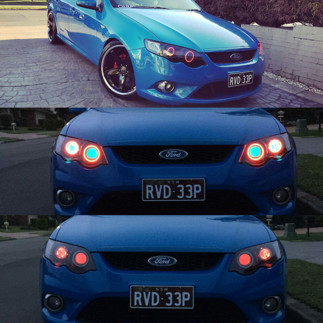 Ford Falcon FG XR6/XR8 MK1/MK2 Headlights with Quad Projectors, Quad RGB Multicolored Halos & Quad RGB Multicolored Demon Eyes - Dan's Custom Car Lights