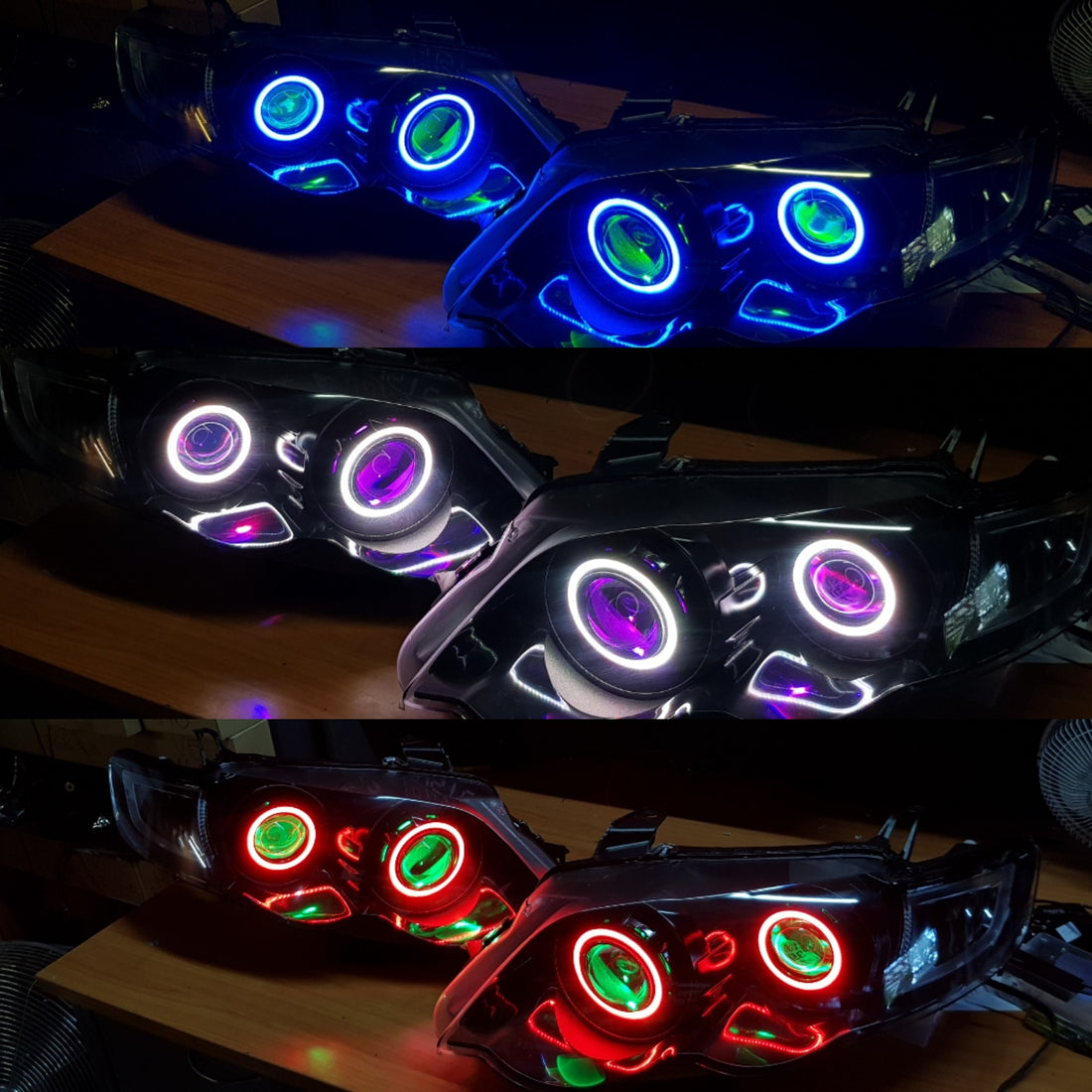 Ford Falcon FG XR6/XR8 MK1/MK2 Headlights with Quad Projectors, Quad RGB Multicolored Halos & Quad RGB Multicolored Demon Eyes - Dan's Custom Car Lights