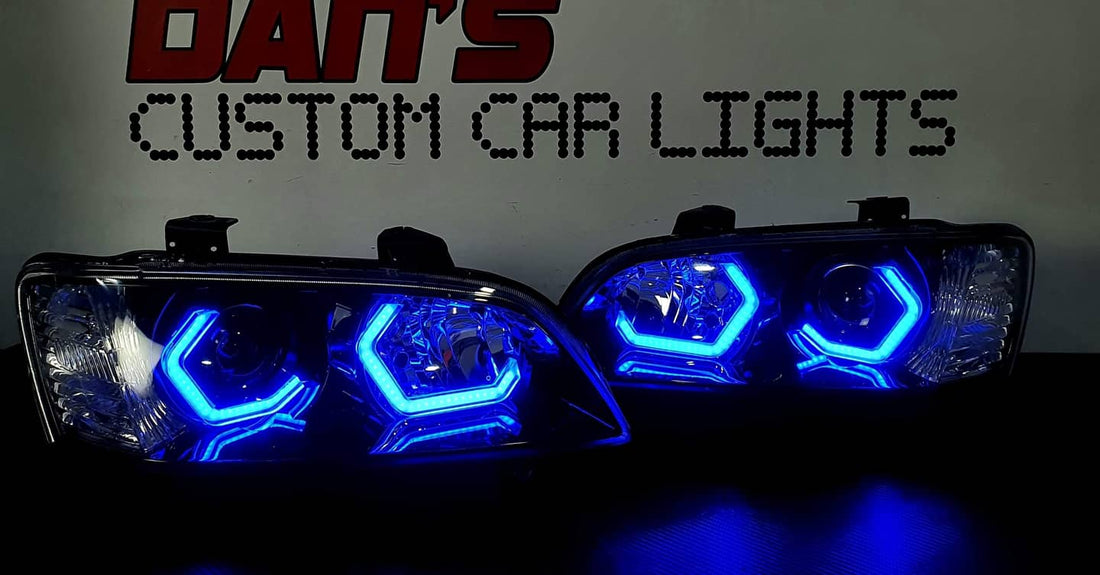 Holden VE Commodore S1 SSV Headlights with Quad RGB Hex Halos & RGBW Demon Eyes - Dan's Custom Car Lights