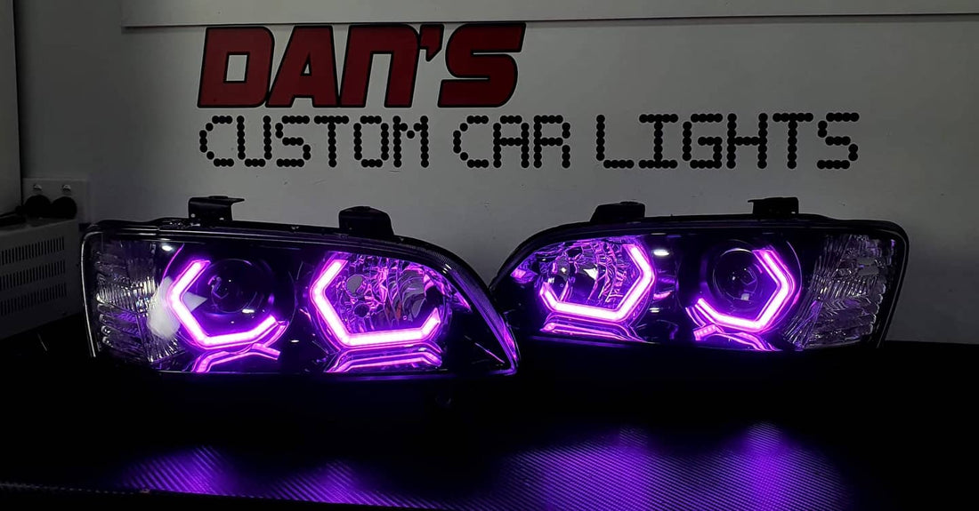 Holden VE Commodore S1 SSV Headlights with Quad RGB Hex Halos & RGBW Demon Eyes - Dan's Custom Car Lights