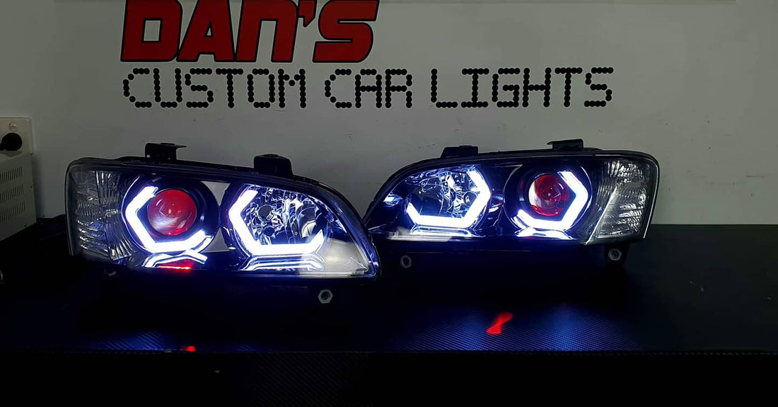 Holden VE Commodore S1 SSV Headlights with Quad RGB Hex Halos & RGBW Demon Eyes - Dan's Custom Car Lights