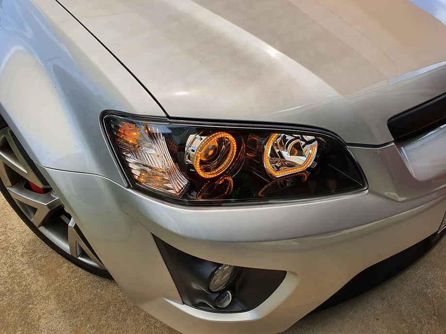 Holden VE Commodore S2 SSV Headlights with Quad "round and u" White/Amber Halos with Optical Cover - Dan's Custom Car Lights