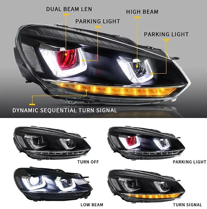 Volkswagen Golf 6 MK6 2010-14 Vland Sequential Headlights with Red Demon Eyes - Dan's Custom Car Lights