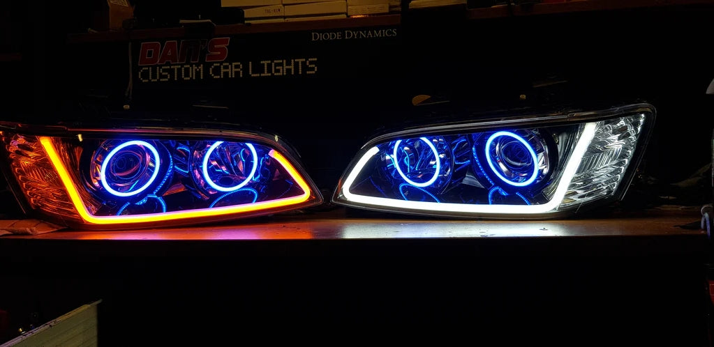 Holden VE Commodore S2 SSV Headlights with Quad RGB Halo Rings and Tubestyle DRL - Dan's Custom Car Lights