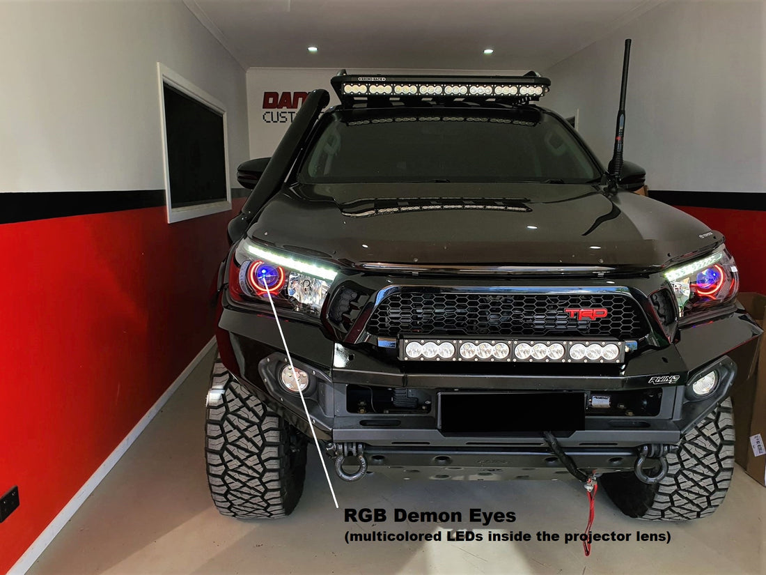 Toyota Hilux SR N80 15-22 DRL Style Headlights with Multicolored Halo Rings - Dan's Custom Car Lights
