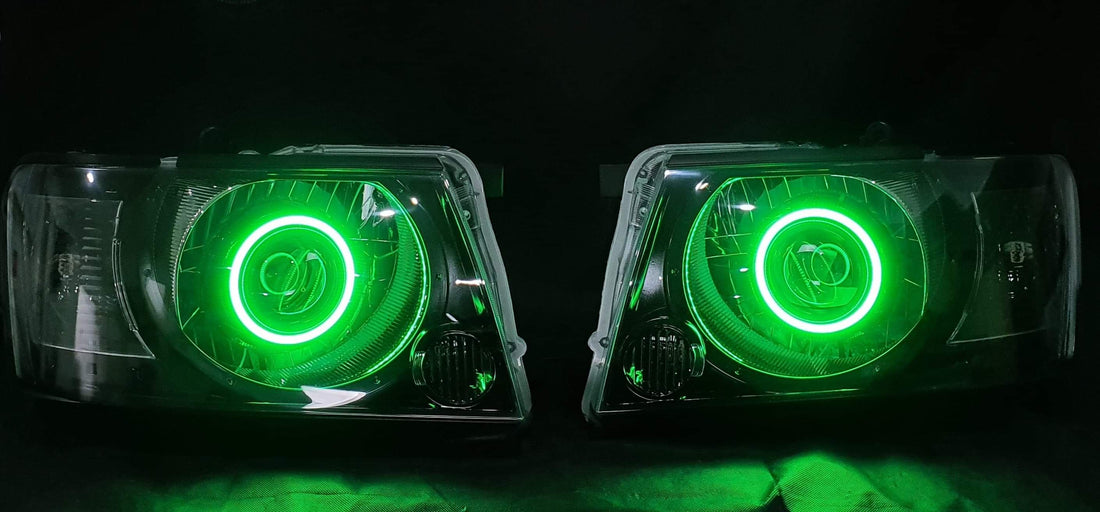 Nissan Patrol GU S4 Headlights with Multicoloured Halo Rings & Projector - Dan's Custom Car Lights