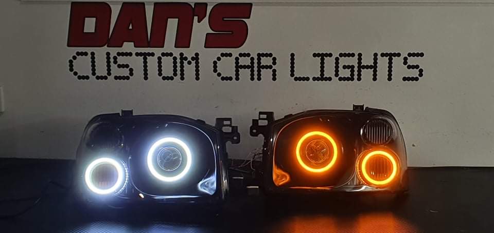 Nissan Navara D22 Headlights with Projector and Quad White/Amber Halo rings - Dan's Custom Car Lights