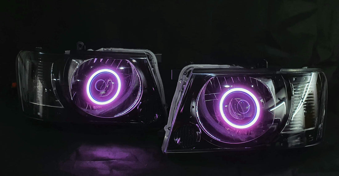 Nissan Patrol GU S4 Headlights with Multicoloured Halo Rings & Projector - Dan's Custom Car Lights