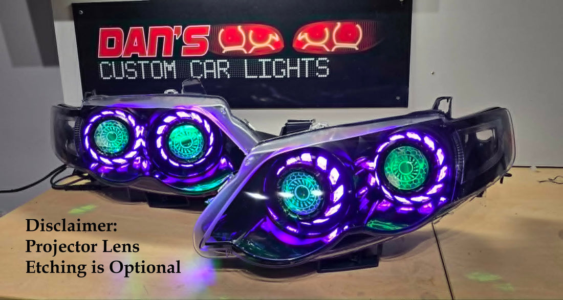 Ford Falcon XR6/XR8 MK1/MK2 Headlights with Quad Projectors, RGB Halo Rings Turbine Shrouds and Demon Eyes