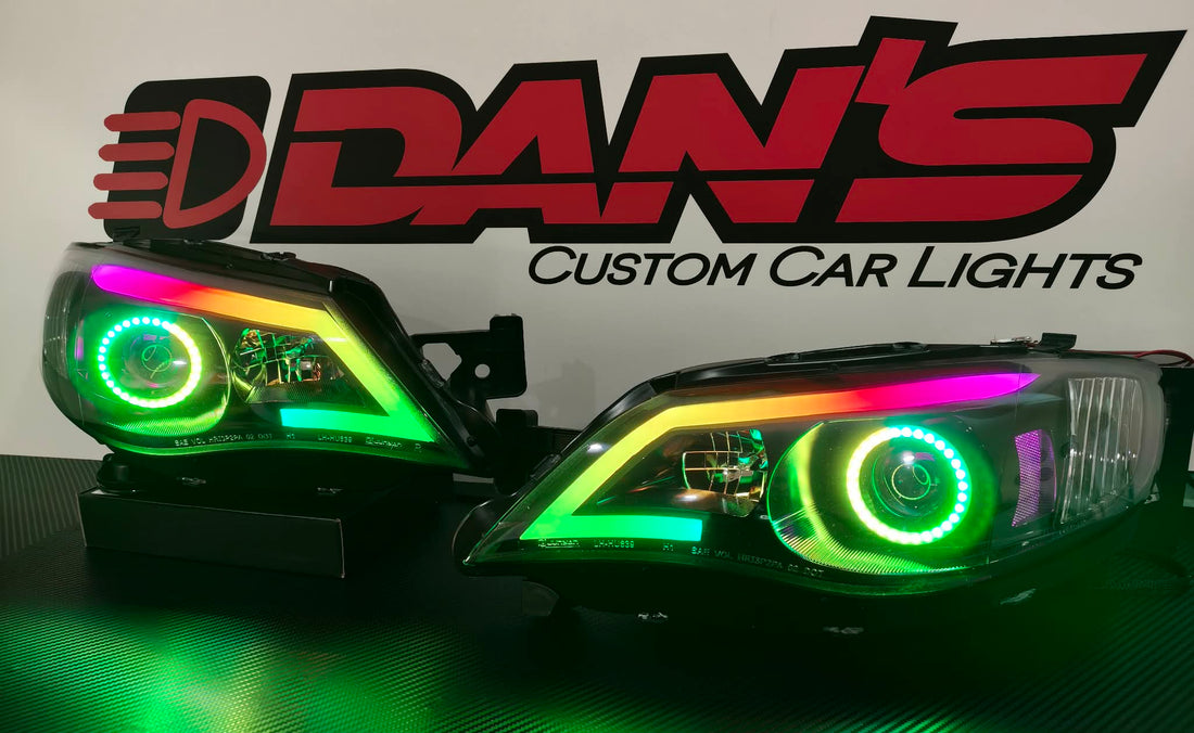 Subaru Impreza RS WRX Sti G3 08-13 Black LED DRL Projector Headlights with Multicoloured Chasing Halos and Chasing Multicoloured DRL
