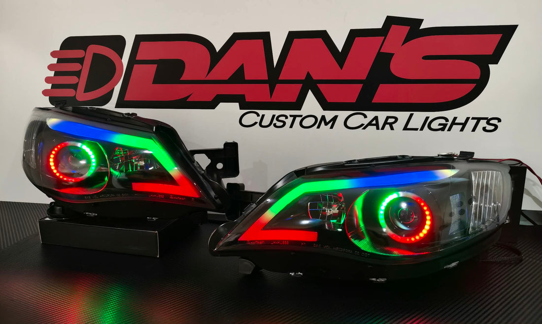 Subaru Impreza RS WRX Sti G3 08-13 Black LED DRL Projector Headlights with Multicoloured Chasing Halos and Chasing Multicoloured DRL