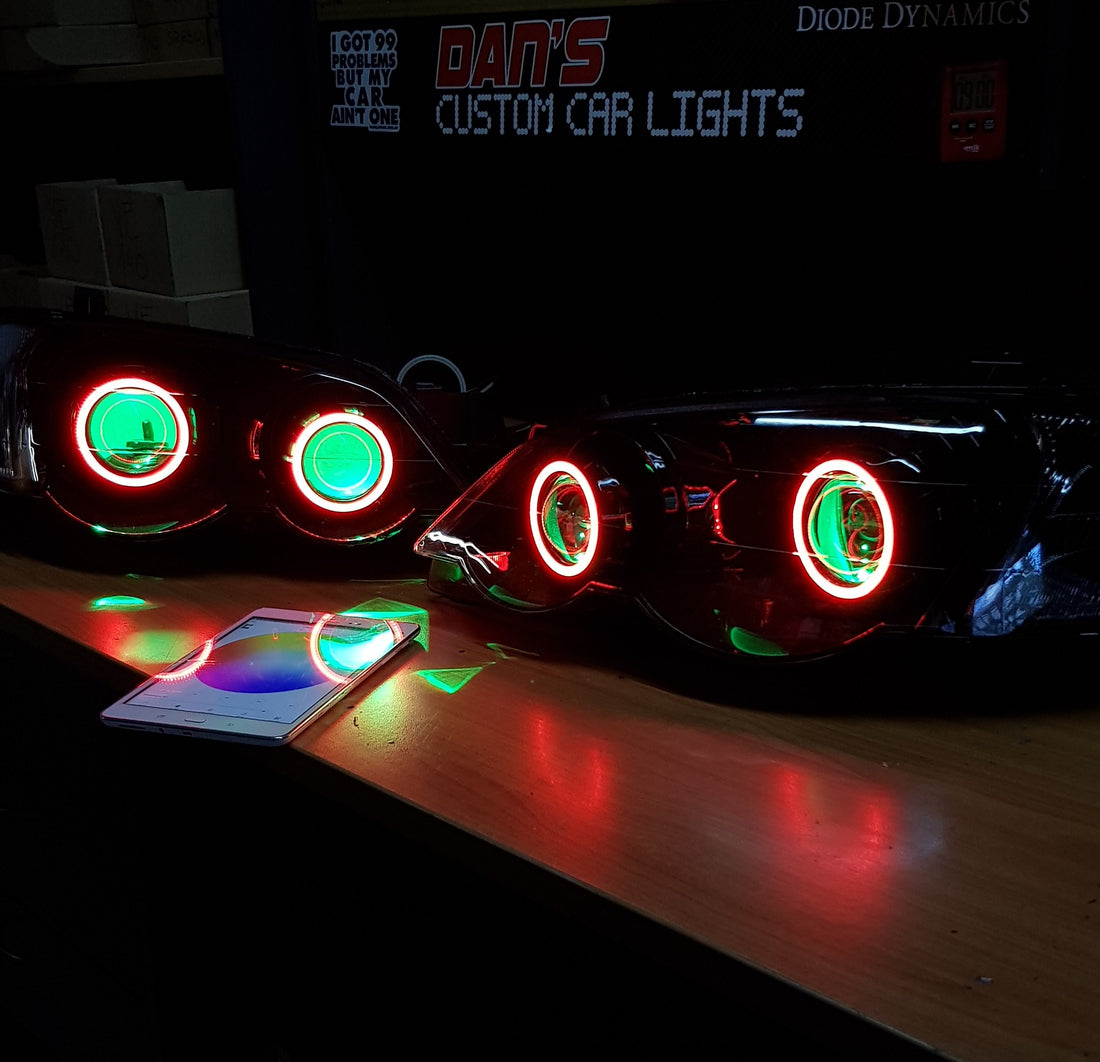 Ford Falcon BA XR6/XR8 Headlights with LED Projector, MultiColored Halos and Demon Eyes - Dan's Custom Car Lights 