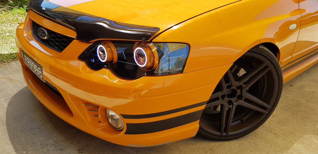 Ford Falcon BA XR6/XR8 Headlights with LED Projector, MultiColored Halos and Demon Eyes - Dan's Custom Car Lights 