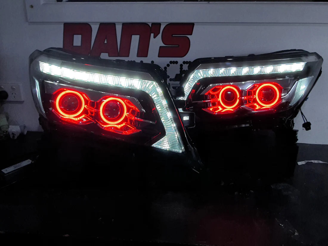 Nissan Navarra NP300 ST/STX RX/DX Quad Projector Headlights with Quad RGB Halorings (OPTION TO UPGRADE LED DRL TO CHASING RGBWA) - Dan's Custom Car Lights 