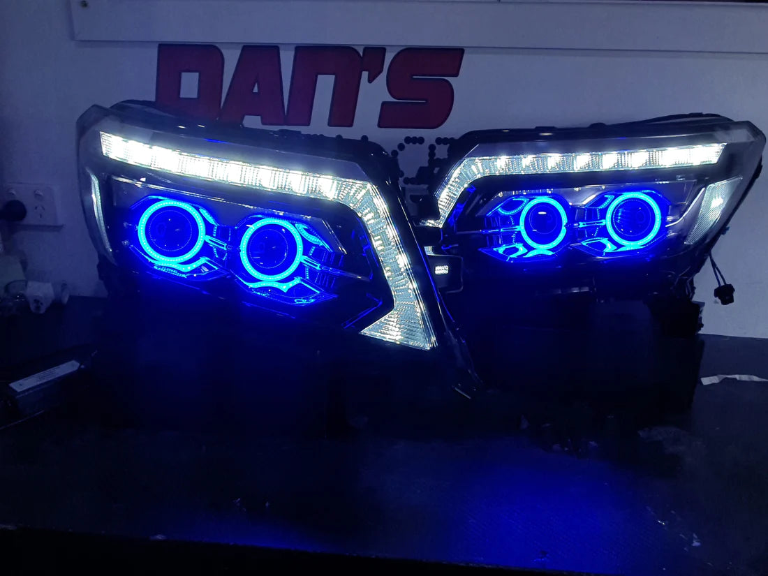 Nissan Navarra NP300 ST/STX RX/DX Quad Projector Headlights with Quad RGB Halorings (OPTION TO UPGRADE LED DRL TO CHASING RGBWA) - Dan's Custom Car Lights 