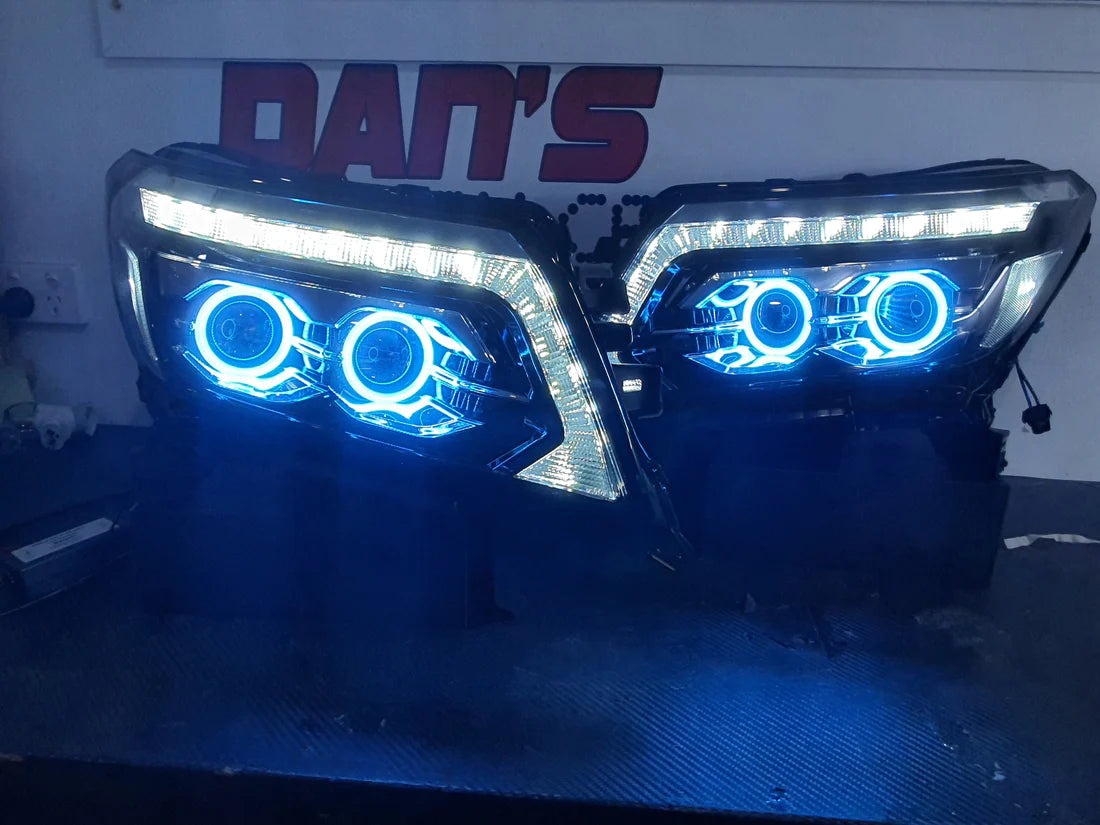 Nissan Navarra NP300 ST/STX RX/DX Quad Projector Headlights with Quad RGB Halorings (OPTION TO UPGRADE LED DRL TO CHASING RGBWA) - Dan's Custom Car Lights 