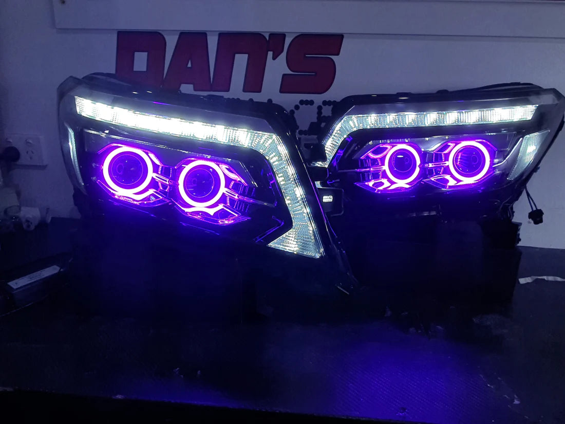 Nissan Navarra NP300 ST/STX RX/DX Quad Projector Headlights with Quad RGB Halorings (OPTION TO UPGRADE LED DRL TO CHASING RGBWA) - Dan's Custom Car Lights 