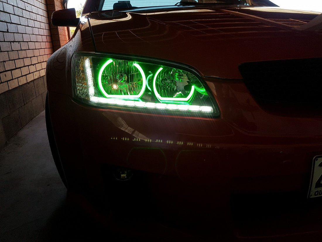 Holden VE Commodore S1 SS SV6 Headlights w/ Multicolored RGB Halo Rings & DRL Clear Style - Dan's Custom Car Lights 