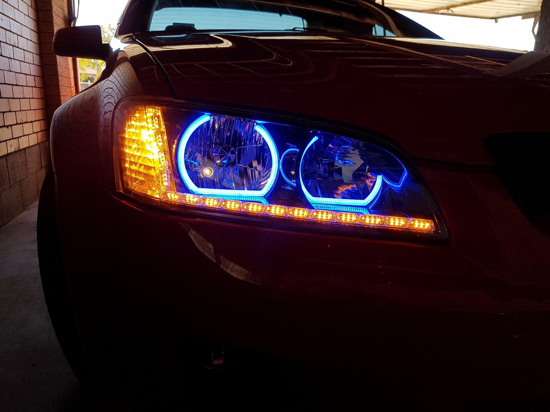 Holden VE Commodore S1 SS SV6 Headlights w/ Multicolored RGB Halo Rings & DRL Clear Style - Dan's Custom Car Lights 