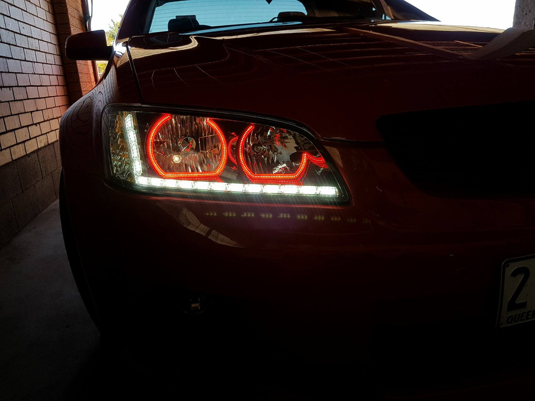 Holden VE Commodore S1 SS SV6 Headlights w/ Multicolored RGB Halo Rings & DRL Clear Style - Dan's Custom Car Lights 