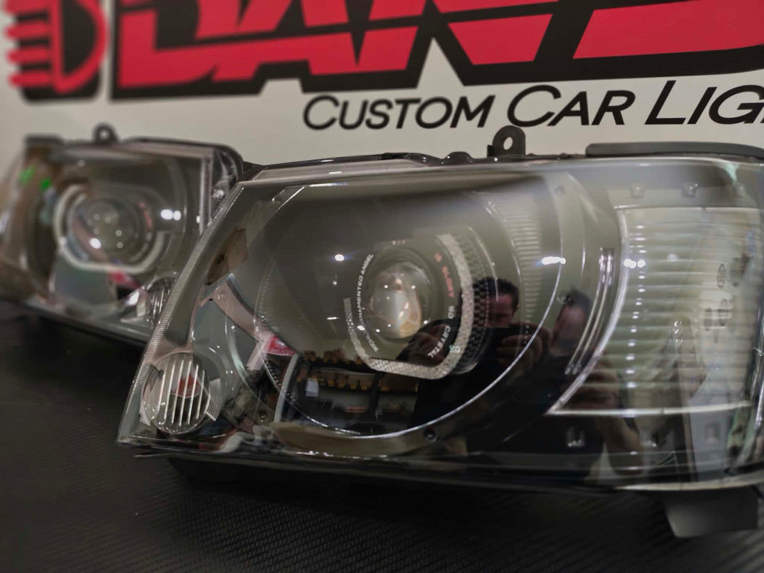 Nissan Patrol GU S4 Headlights with 5D White/Amber Halo Rings and Projectors - Dan's Custom Car Lights 