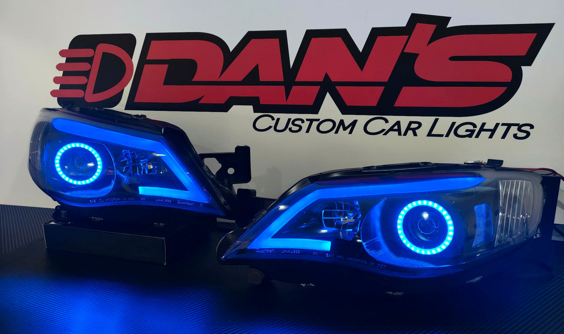 Subaru Impreza RS WRX Sti G3 08-13 Black LED DRL Projector Headlights with Multicoloured Chasing Halos and Chasing Multicoloured DRL