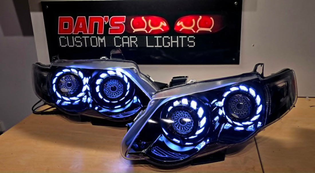 Ford Falcon XR6/XR8 MK1/MK2 Headlights with Quad Projectors, RGB Halo Rings Turbine Shrouds and Demon Eyes