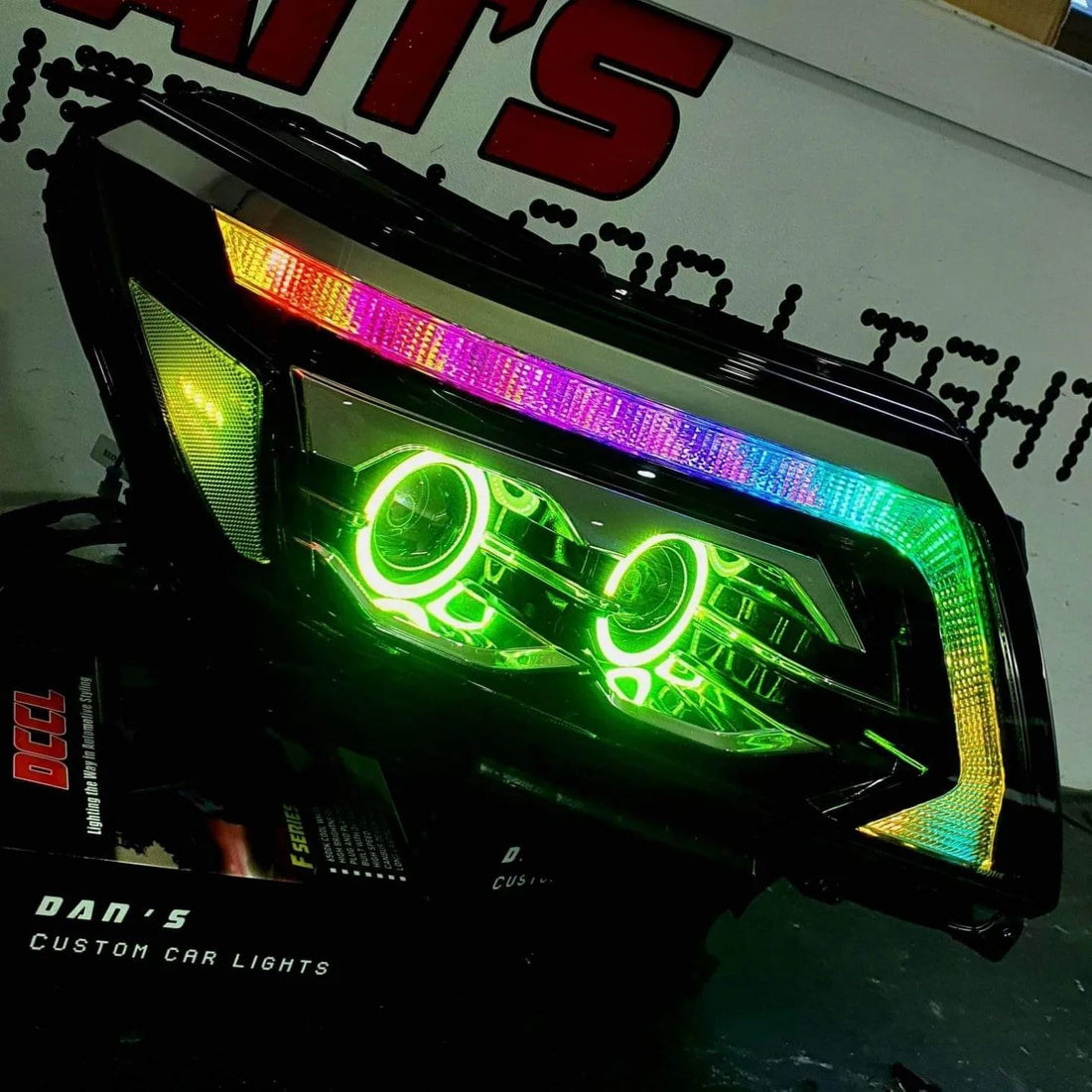 Nissan Navarra NP300 ST/STX RX/DX Quad Projector Headlights with Quad RGB Halorings (OPTION TO UPGRADE LED DRL TO CHASING RGBWA) - Dan's Custom Car Lights 