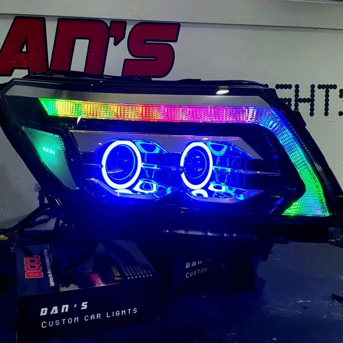 Nissan Navarra NP300 ST/STX RX/DX Quad Projector Headlights with Quad RGB Halorings (OPTION TO UPGRADE LED DRL TO CHASING RGBWA) - Dan's Custom Car Lights 