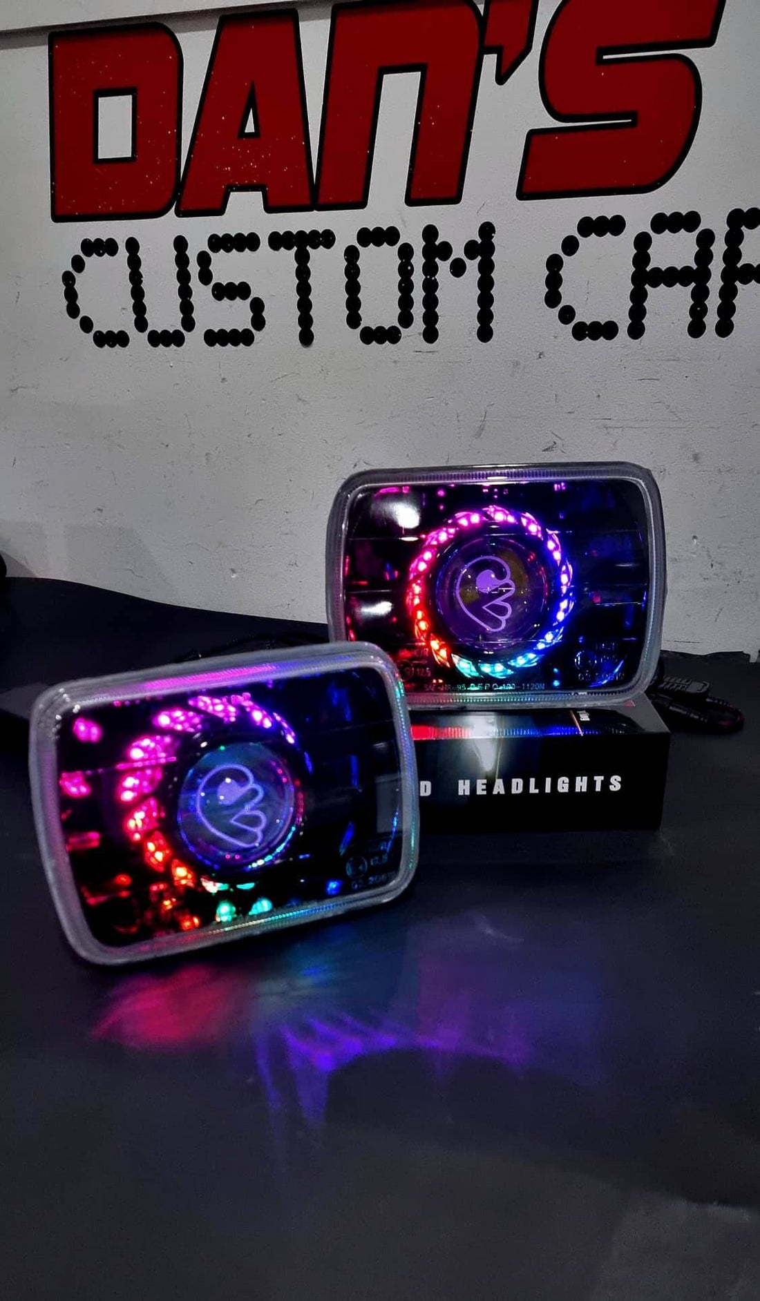 UNIVERSAL 5X7" RECTANGLE HEADLIGHTS FITTED WITH BI PROJECTORS, TURBINE SHROUD WITH CHASING MULTICOLORED HALO RINGS INSIDE & FULL BLACKING OUT - Dan's Custom Car Lights 