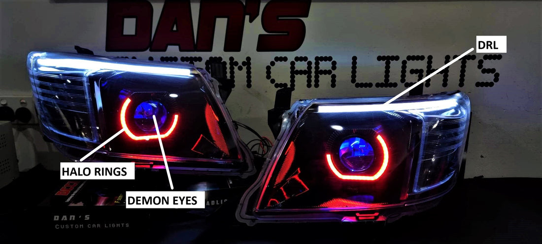 Toyota Hilux N70 2005-14 Headlights with Bi LED Projectors, Chasing Multi Colored Halo Rings DRL, Option to add LED DRL Indicator Strip and Demon Eyes - Dan's Custom Car Lights 