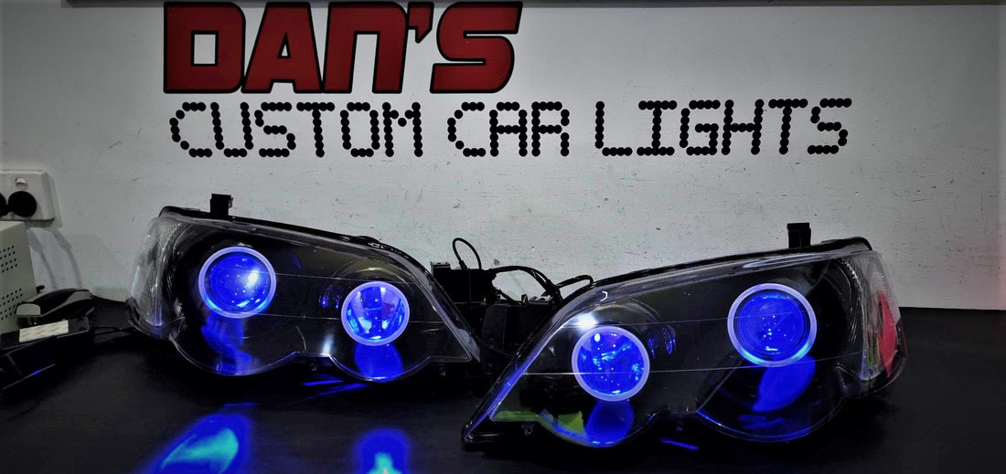 Ford Falcon BA XR6/XR8 Headlights with LED Projector, MultiColored Halos and Demon Eyes - Dan's Custom Car Lights 
