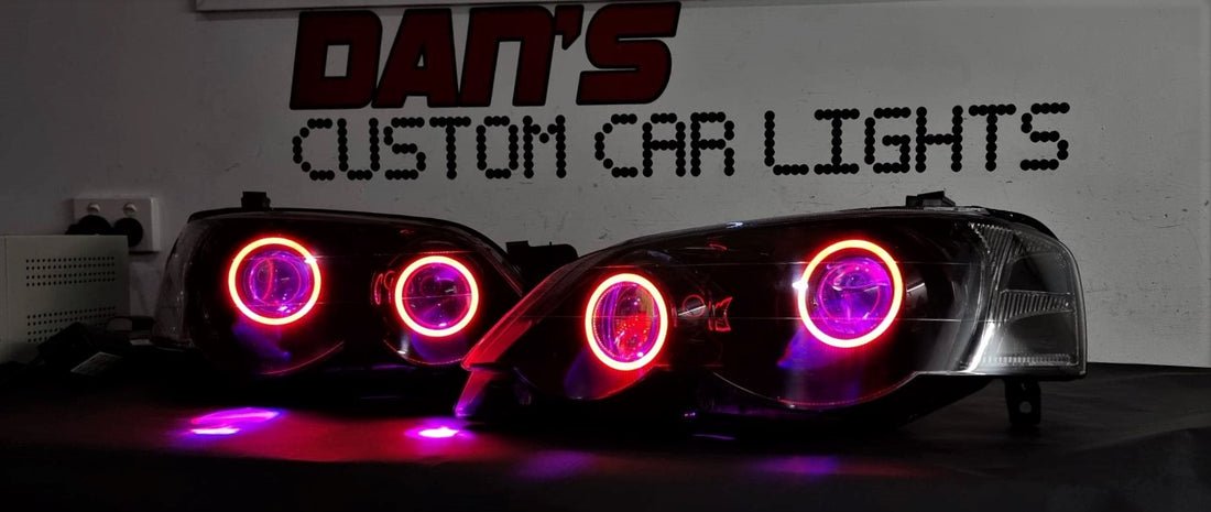 Ford Falcon BA XR6/XR8 Headlights with LED Projector, MultiColored Halos and Demon Eyes - Dan's Custom Car Lights 