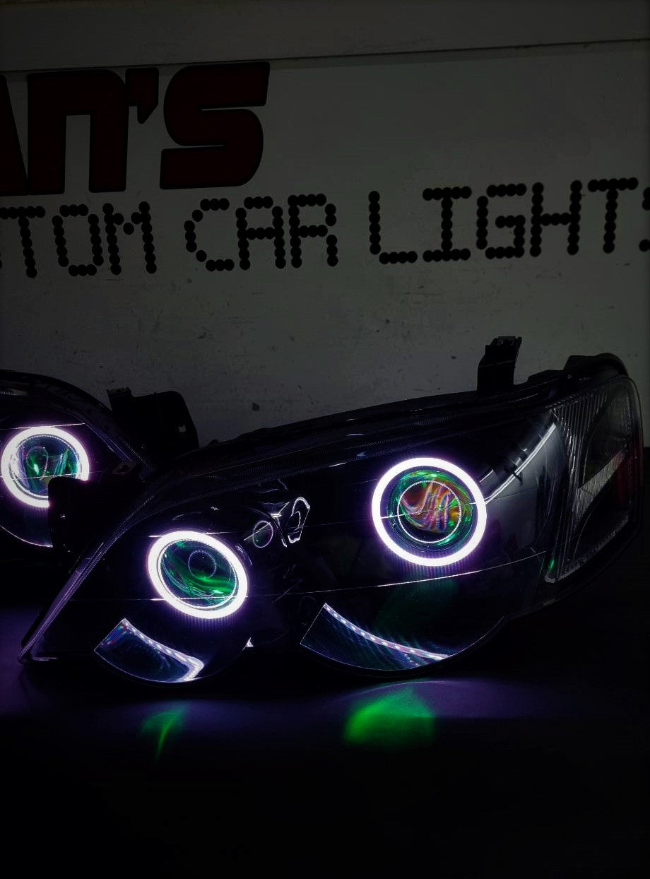 Ford Falcon BA XR6/XR8 Headlights with LED Projector, MultiColored Halos and Demon Eyes - Dan's Custom Car Lights 