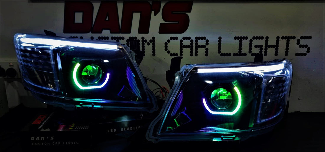 Toyota Hilux N70 2005-14 Headlights with Bi LED Projectors, Chasing Multi Colored Halo Rings DRL, Option to add LED DRL Indicator Strip and Demon Eyes - Dan's Custom Car Lights 