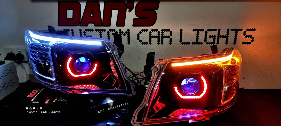 Toyota Hilux N70 2005-14 Headlights with Bi LED Projectors, Chasing Multi Colored Halo Rings DRL, Option to add LED DRL Indicator Strip and Demon Eyes - Dan's Custom Car Lights 