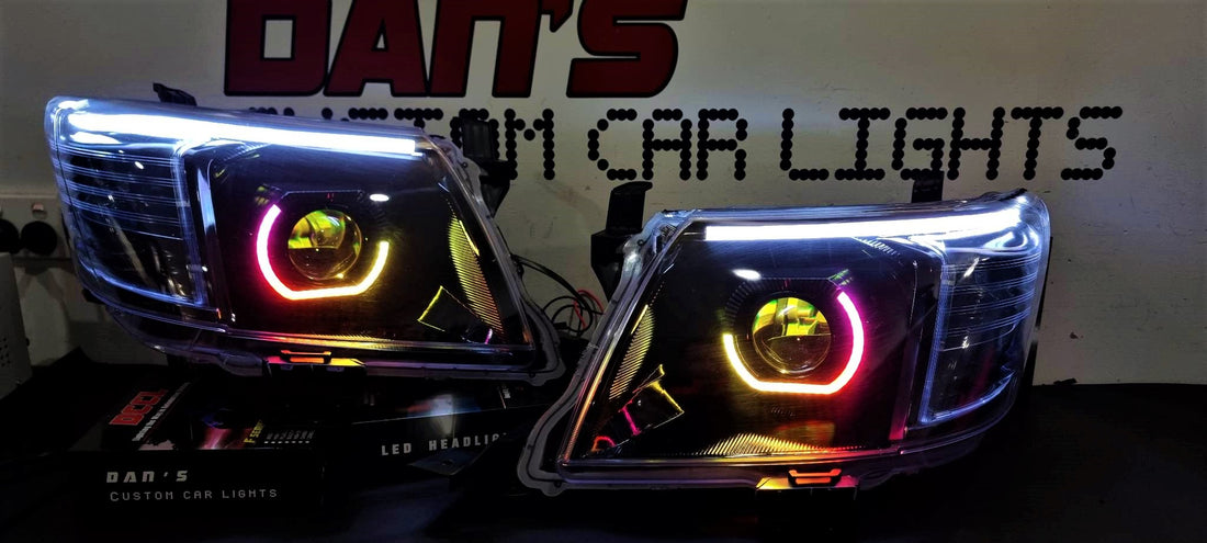 Toyota Hilux N70 2005-14 Headlights with Bi LED Projectors, Chasing Multi Colored Halo Rings DRL, Option to add LED DRL Indicator Strip and Demon Eyes - Dan's Custom Car Lights 