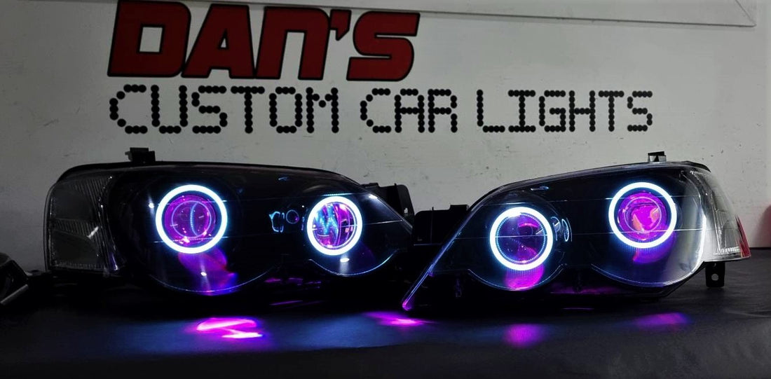 Ford Falcon BA XR6/XR8 Headlights with LED Projector, MultiColored Halos and Demon Eyes - Dan's Custom Car Lights 