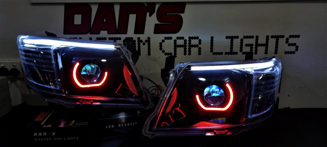 Toyota Hilux N70 2005-14 Headlights with Bi LED Projectors, Chasing Multi Colored Halo Rings DRL, Option to add LED DRL Indicator Strip and Demon Eyes - Dan's Custom Car Lights 