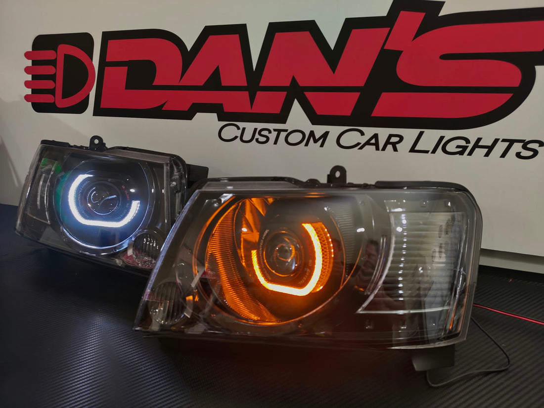 Nissan Patrol GU S4 Headlights with 5D White/Amber Halo Rings and Projectors - Dan's Custom Car Lights 